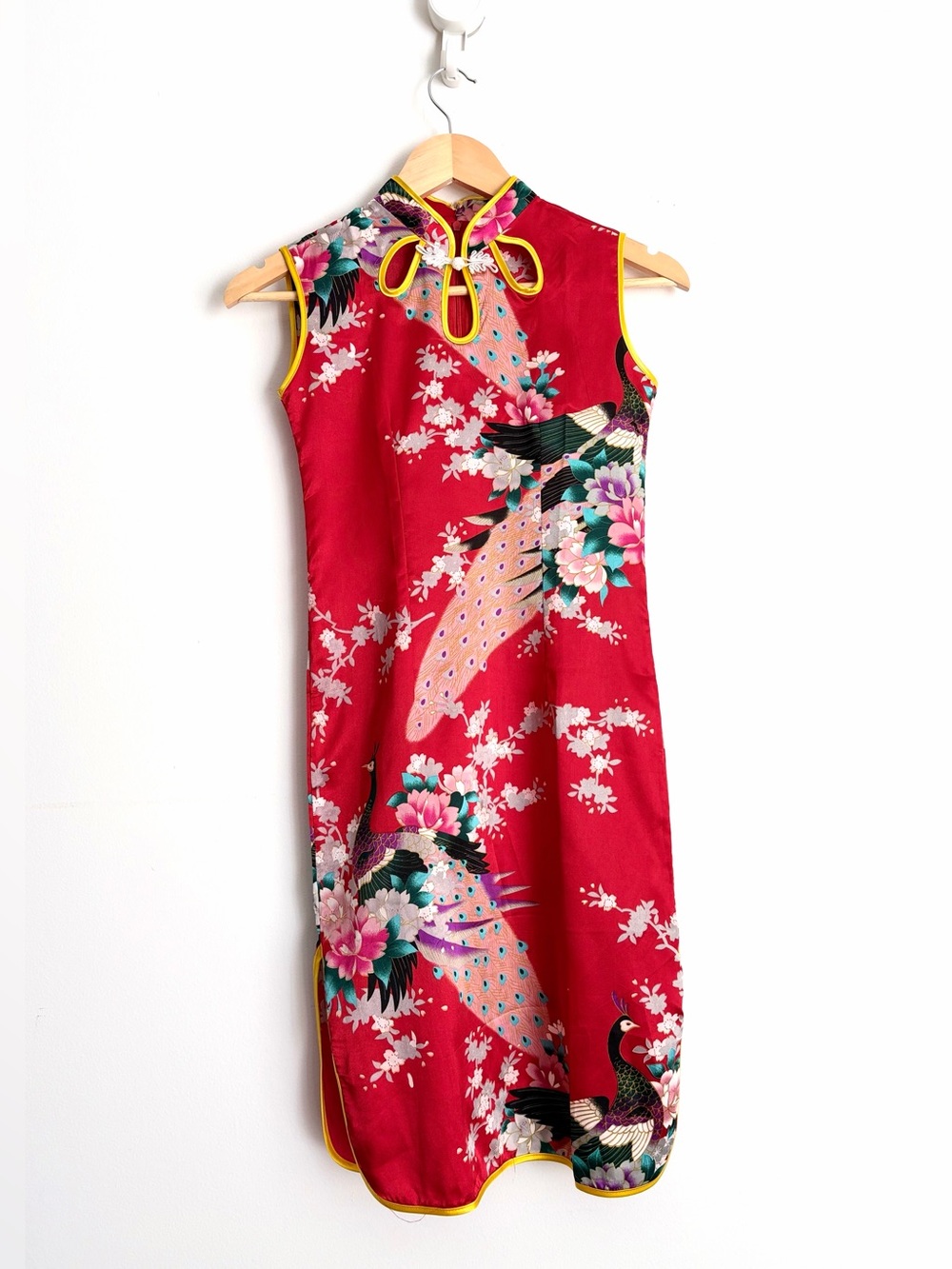 Vintage 100% Silk Mandarin Collar Floral Peacock Dress XS